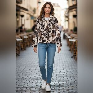 212 Collection Women's Multi-colored Zip‎ Collared Lined Floral Jacket Size Med